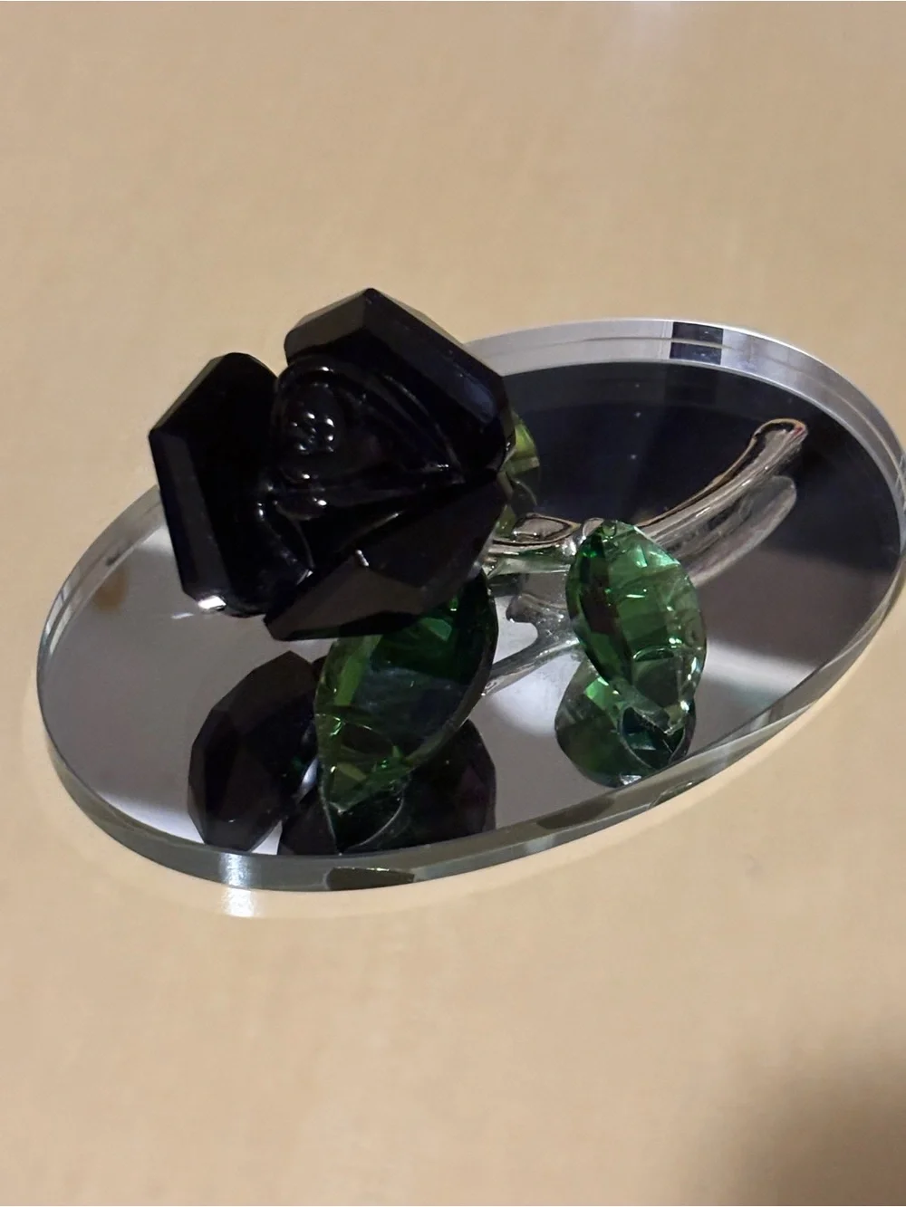 Decorative Glass Black Rose Figurine on a Mirror Base